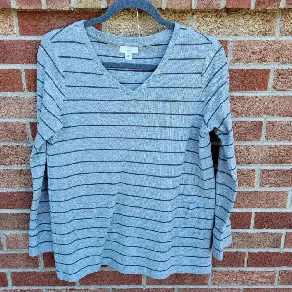J. Jill Tunic Shirt Women's Size Small Grey Stripes V Neck Pockets Soft Waffle